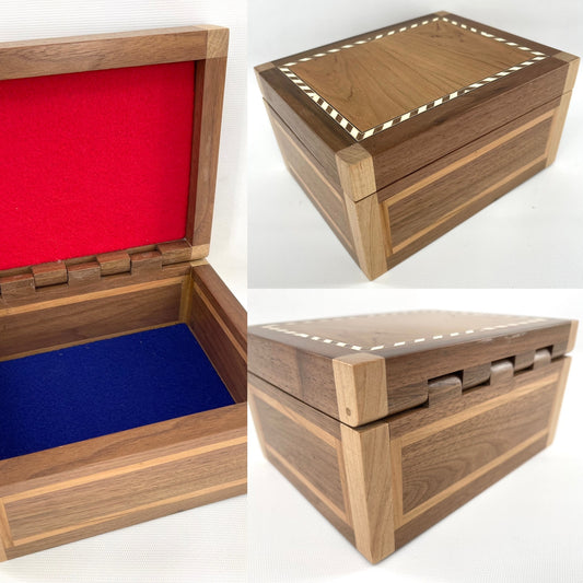 Custom made from Cherry, Oak and Black Walnut box with wooden hinge and Black felt interior. Black Walnut wooden hinge. Rope inlay border in cherry wood lid. Vertical edges are maple wood. Red and Blue felt inserts - TreeToBox