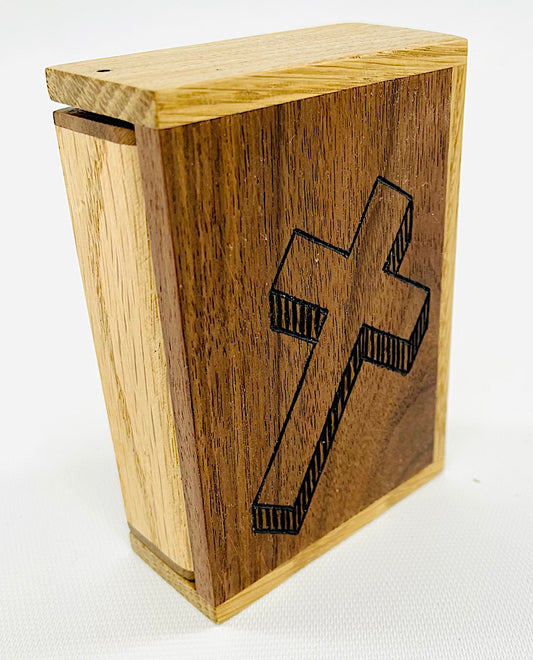 Available now wooden hinged box with Woodburned Cross