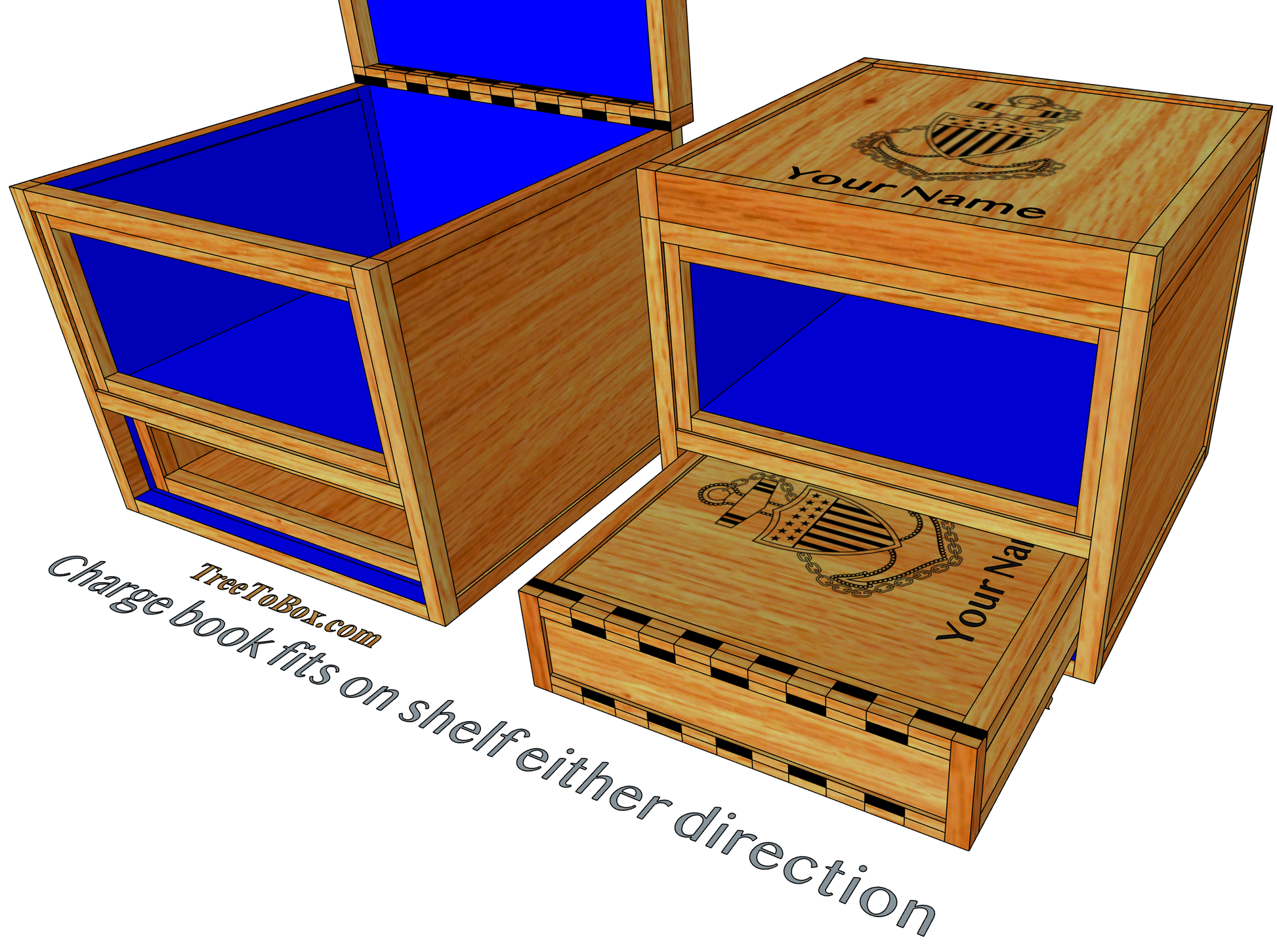 Wooden USCG Hat box with blue interior, personalized with 'Your Name' - treetobox