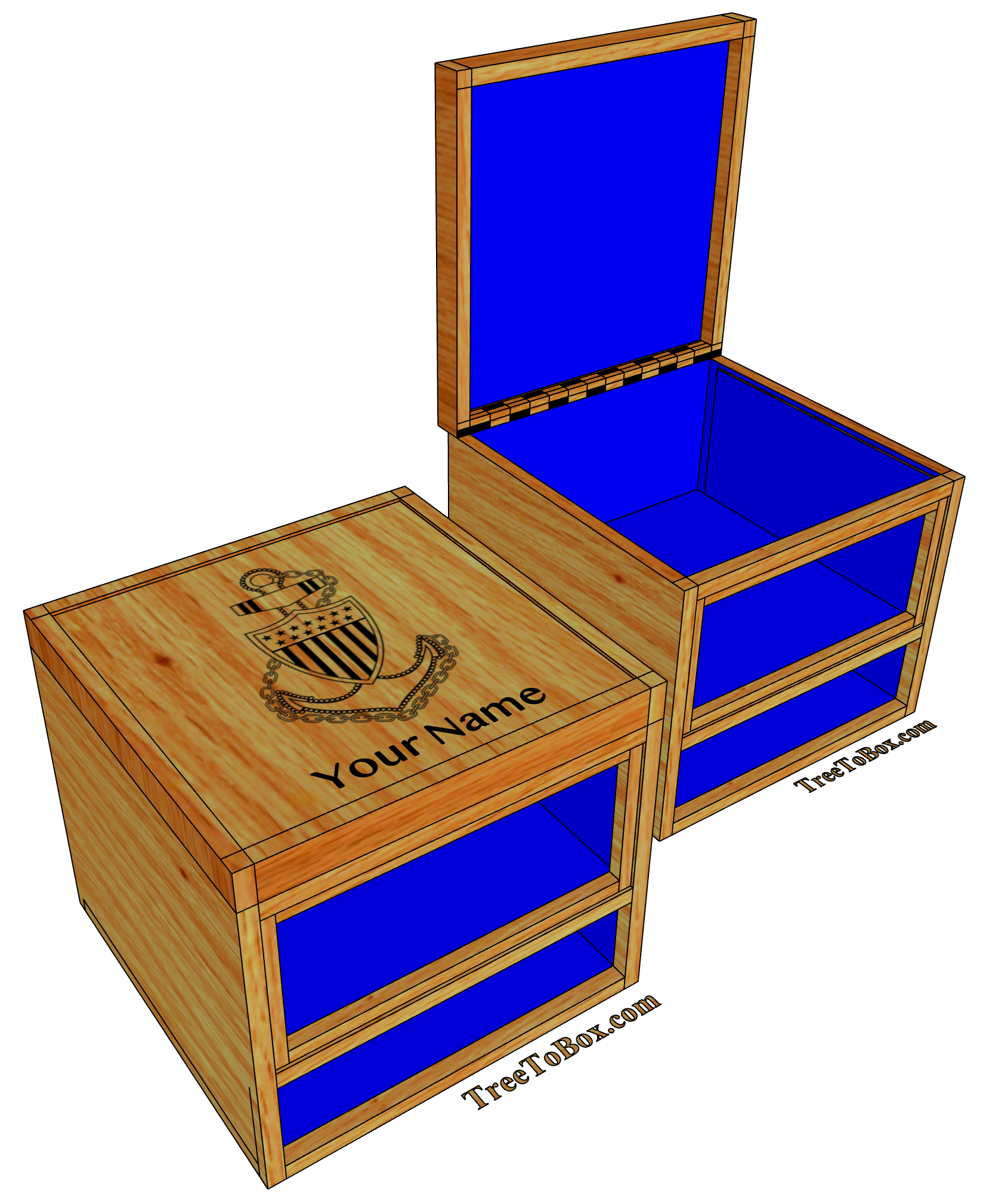Wooden Hat box with blue interior, personalized with 'Your Name' and an anchor design p TreeToBox