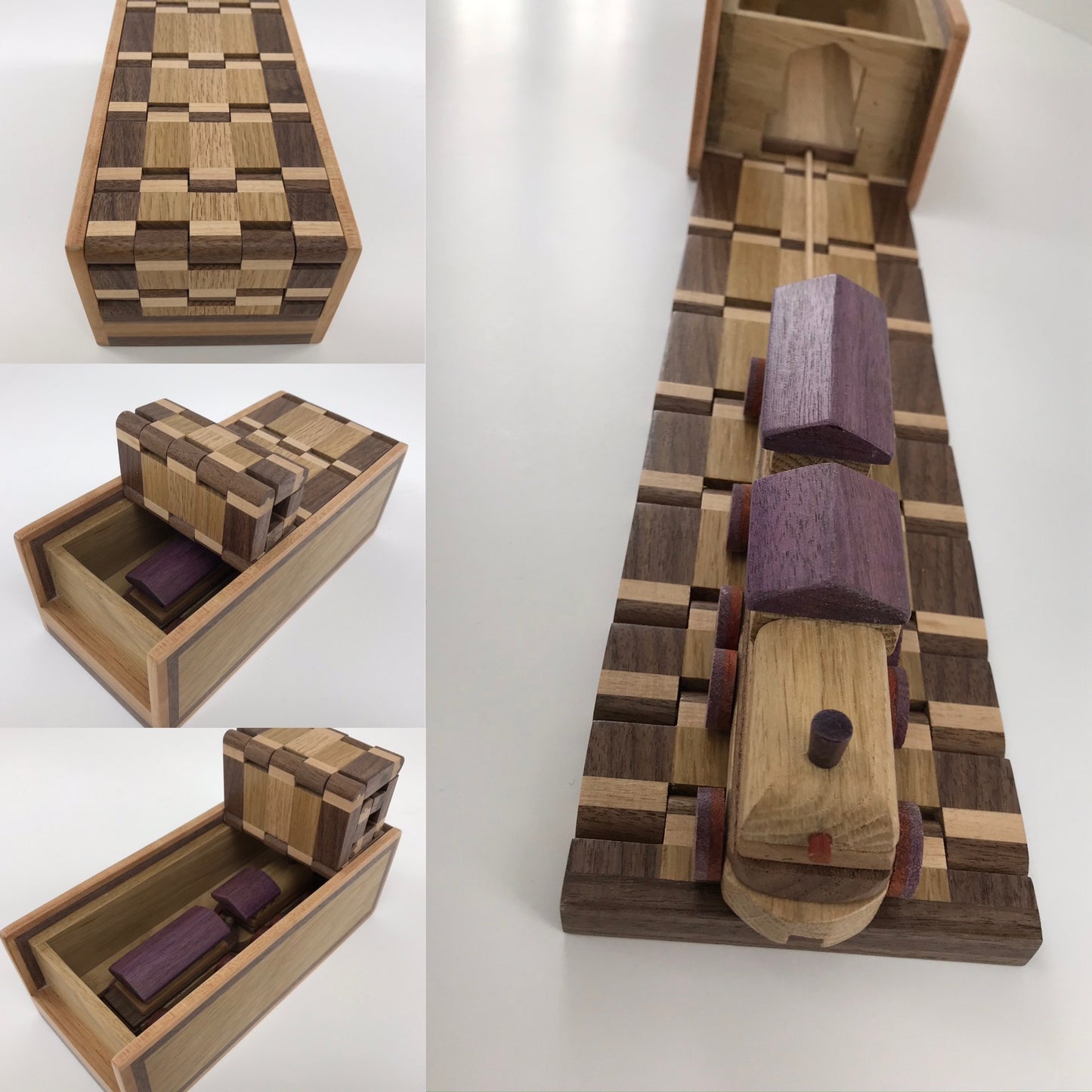 A wooden toy train set shown in multiple views on a white background, including a closed checkered train box lid, an open view of the box with purple blocks inside, and a front view of the train on a matching track.