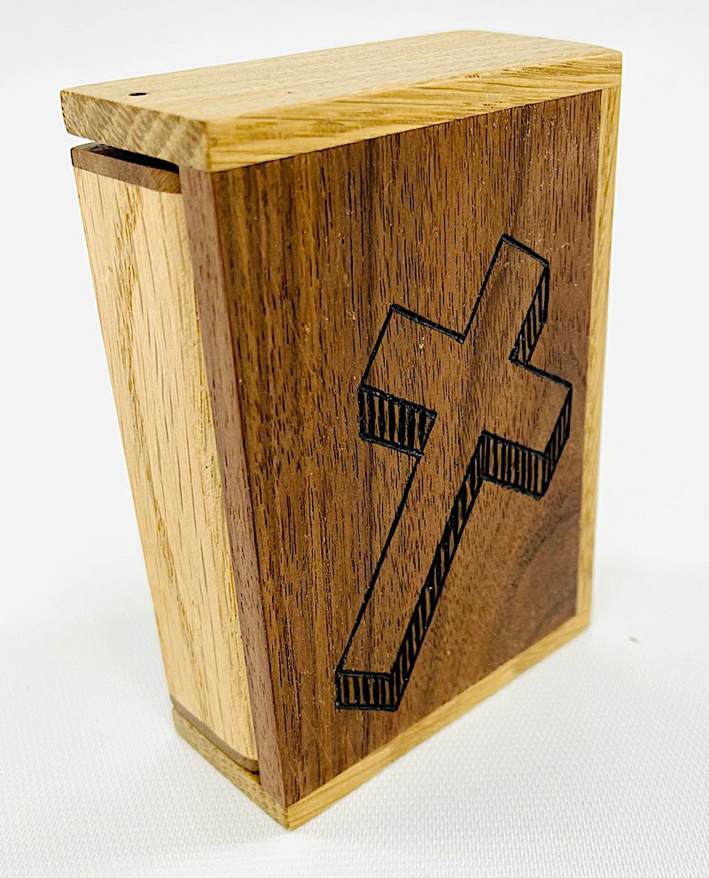 Available now wooden hinged box with Woodburned Cross - TreeToBox