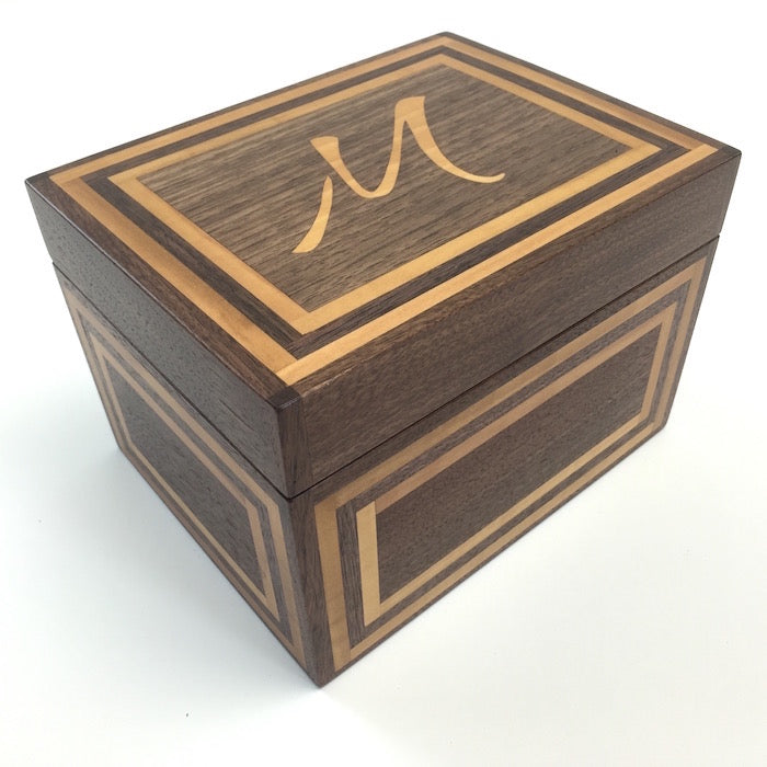 Custom wooden recipe box with inlaid M