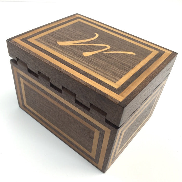 Custom wooden recipe box with inlaid M