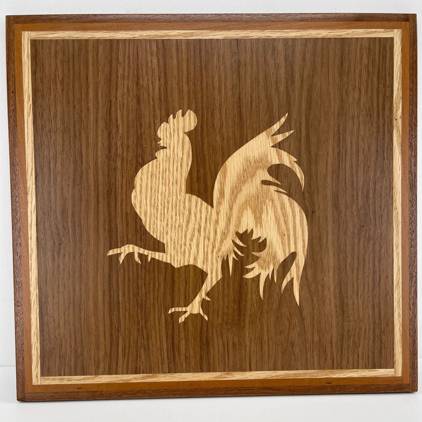 Oak Rooster inlaid in black walnut frame