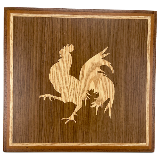 Oak Rooster inlaid in black walnut frame
