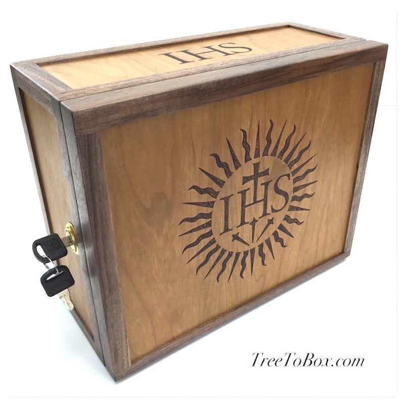 Custom Wooden Tabernacle with Woodburned IHS Sunburst - TreeToBox